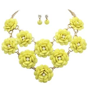 Bright Yellow Flower Bib Necklace Earrings Set